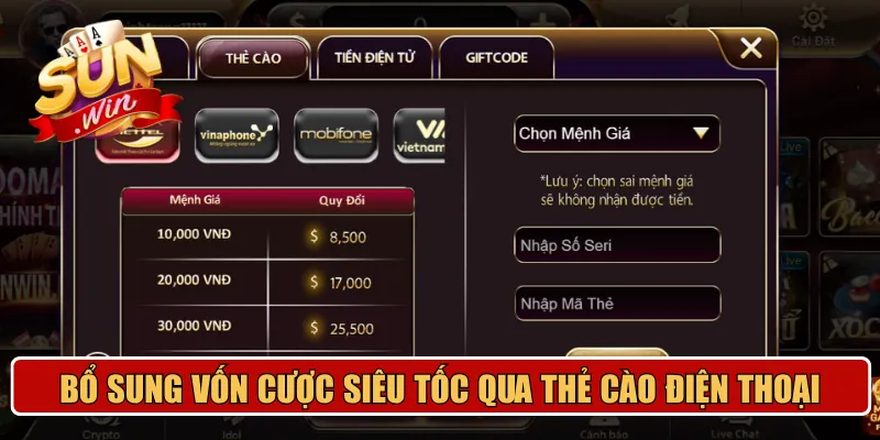 Bổ sung vốn cược siêu tốc qua thẻ cào điện thoại